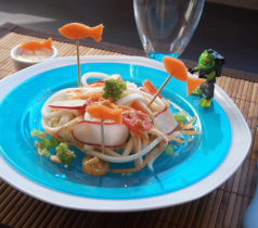 Spaghettis et Tranches de la Mer Coraya aux légumes croquants